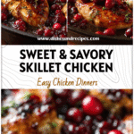 Golden chicken breasts simmered in glossy balsamic cranberry sauce in a skillet for a cozy dinner with cranberries